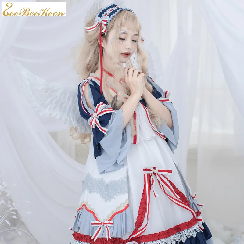 Женское платье для косплея Hanfu взрослых голубое с бантом и перекрестными лямками