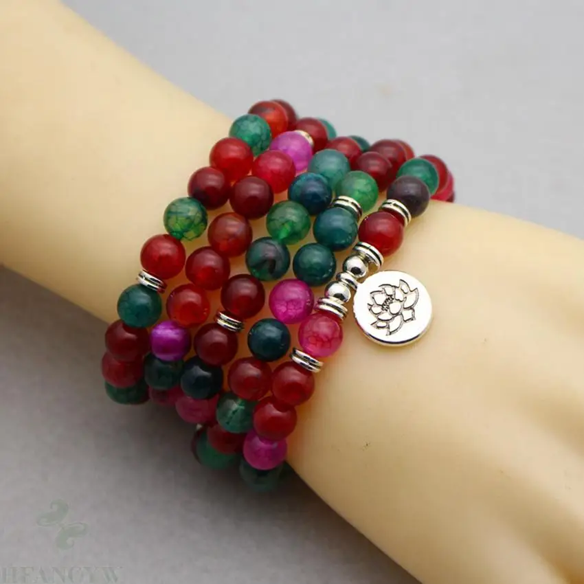 

6mm dragon pattern agate bracelet 108 beads lotus pendant 18incs Handmade Energy Pray Yoga Chic Buddhism Lucky Monk Sutra Diy