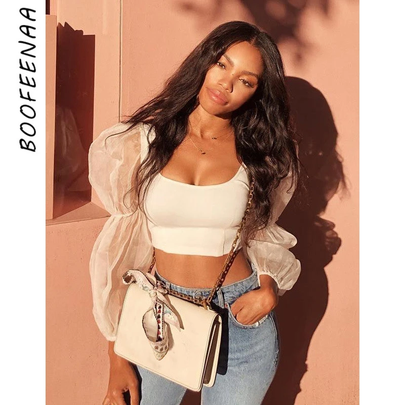 

BOOFEENAA Mesh Spliced Puff Sleeve Womens Tops and Blouses White Black Sexy Vintage Shirt Women Crop Top Spring 2020 C76-I30