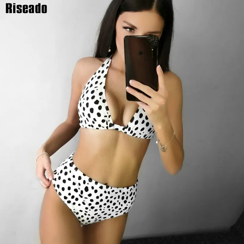 Riseado, новинка, бикини с высокой талией, сексуальный купальник с лямкой через шею, пуш-ап, купальник для женщин, в горошек, с принтом, пляжная одежда, бикини, бразильские бикини