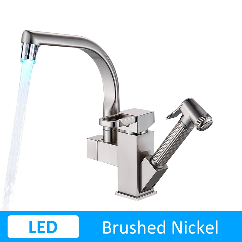 LED-Brushed Nickel Хромированный кран для кухонной раковины черного цвета с поворотом на 360 градусов, кран для раковины с одной ручкой - Цвет: LED-Brushed Nickel