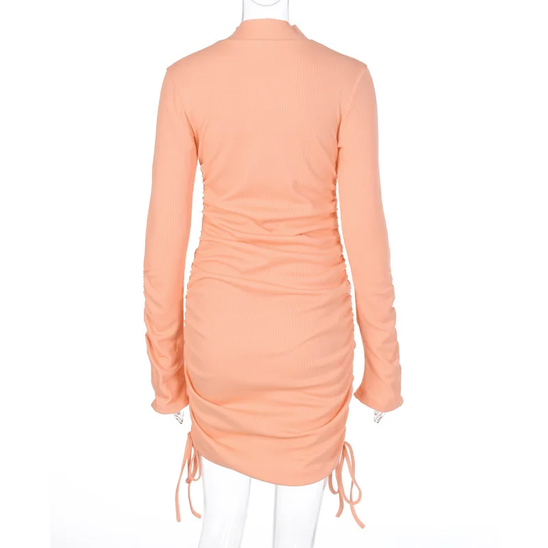 

Autumn Ribbed Drawstring Ruched Y2K Bodycon Mini Dress Women Long Sleeve O-neck Lace-up Split Sexy Hollow Out Short Casual Dress