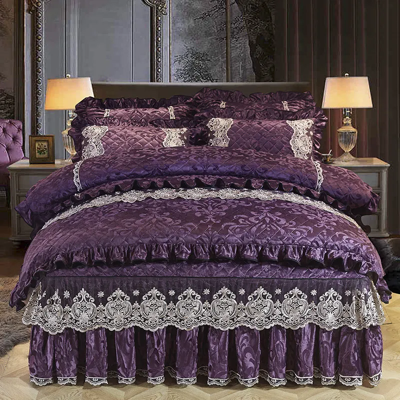 

European Lace Velvet 4pcs Bedding Set Queen Duvet Cover Quilted Bedskirt Ruffle Soft Warm Full King Size Luxury Two Pillowcases