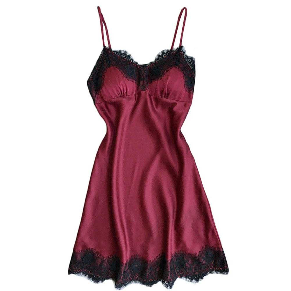 

Women Lingerie Silk Ladies Spaghetti Strap Nightdress Removable Pad Nightwear Lace Sleepwear