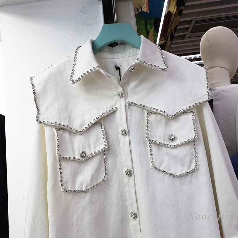 Diamant Strass Chemise Femme 2021 Printemps Nouveau Denim Blanc Chemisier Femme Vêtements Hauts Amples Femme Blusas À Manches Longues Revers