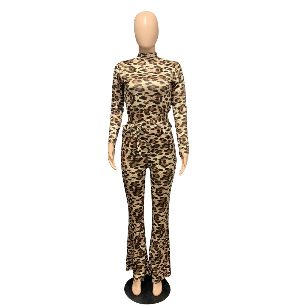

Fashion Leopard Print Women Sets Long Sleeves Turtleneck Tops Loose Wide-Leg Two Pieces Outfits Lady Wear 2021 Hottest Spring