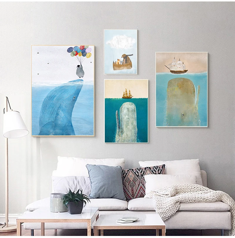 

Настенный постер с рисунком Кита для детской комнаты, Картина на холсте в скандинавском стиле, украшение для детской комнаты, декор для спал...