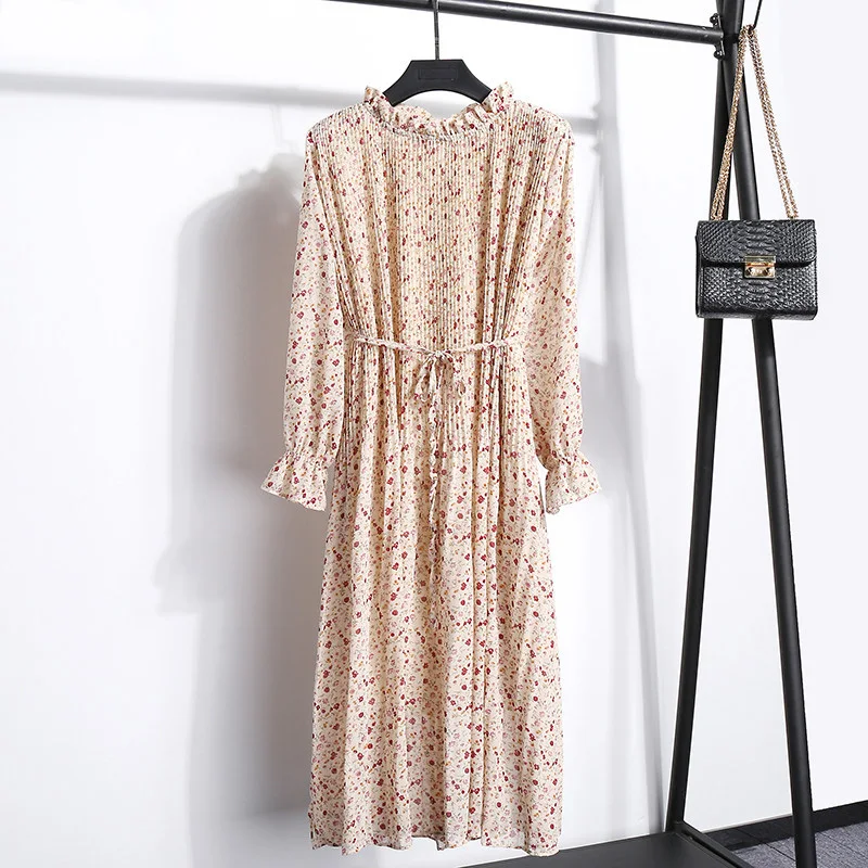 Женское шифоновое платье с длинным рукавом цветочным принтом и шнуровкой |