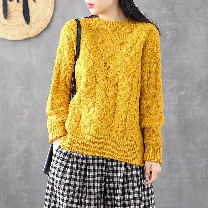 Новинка 2019 зимний свободный удобный пуловер с круглым вырезом толстый свитер