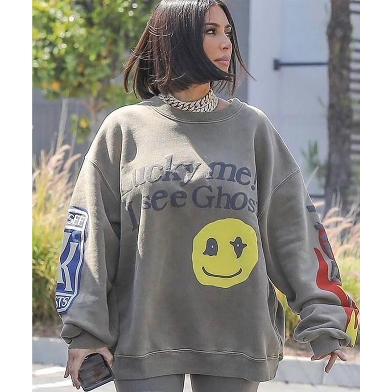 Kanye West Мужская и Женская толстовка с 3D принтом Lucky me I see Ghosts хлопковая со смайликом