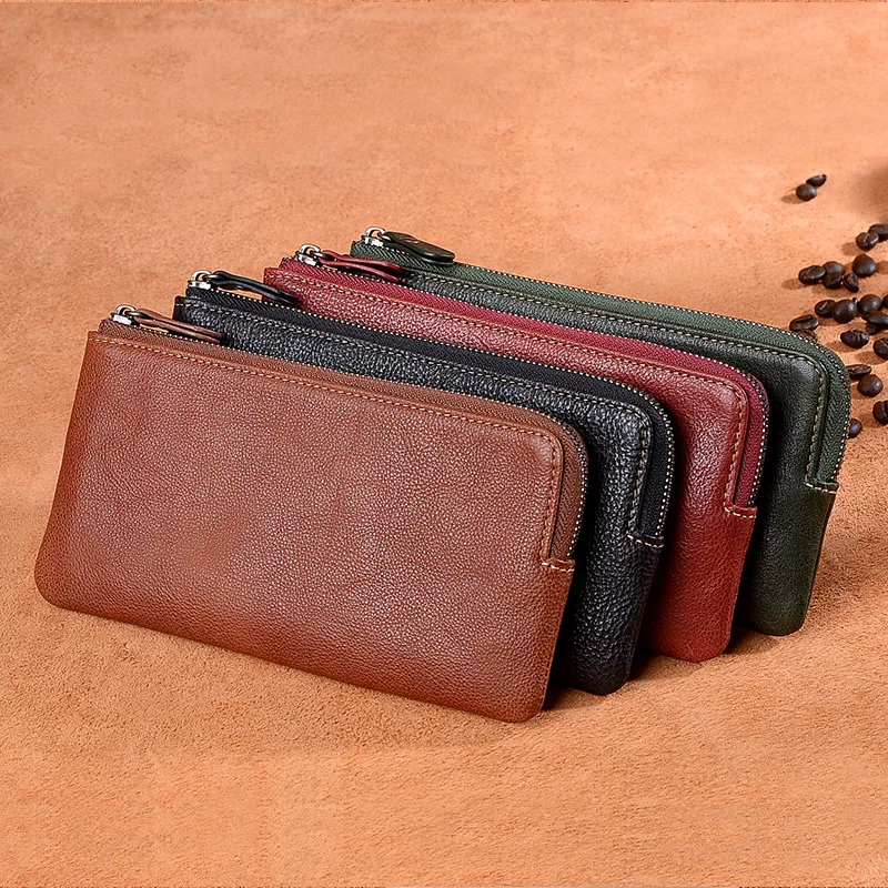 

Genuine Leather Wallet Mens Clutch Wallets Fashion Long Top Quality Card Holder Classic Female Purse Zipper Black