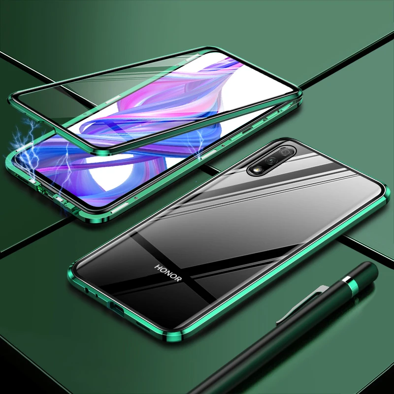 Green Double Glass Роскошный Металлический флип-чехол для huawei Honor 10 10Lite V10, Магнитный чехол для телефона, переднее и заднее, двойное закаленное стекло-броня, вид 10, View 10 - Цвет: Green Double Glass