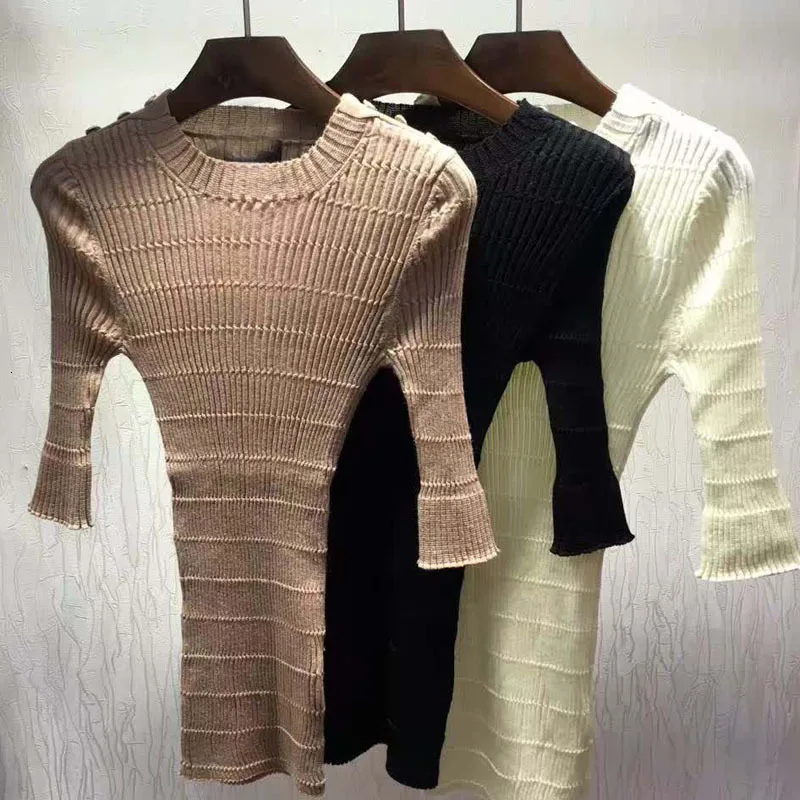 Summer Spring Vogue new arrive female knitting blouse with gold button on shoulder women sweater black Free Shipping | Женская одежда
