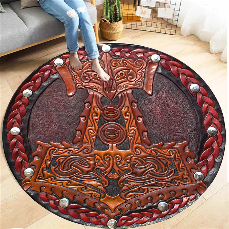 

Viking Tattoo Hammer Carpet Anti-Skid Round shape Floor Mat 3D Rug Non-slip Mat Dining Living Room Soft Bedroom Carpet 02