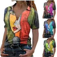 casual fashion loose face portrait vintage printing womens clothing v neck large size pullover short sleeved t shirt summer