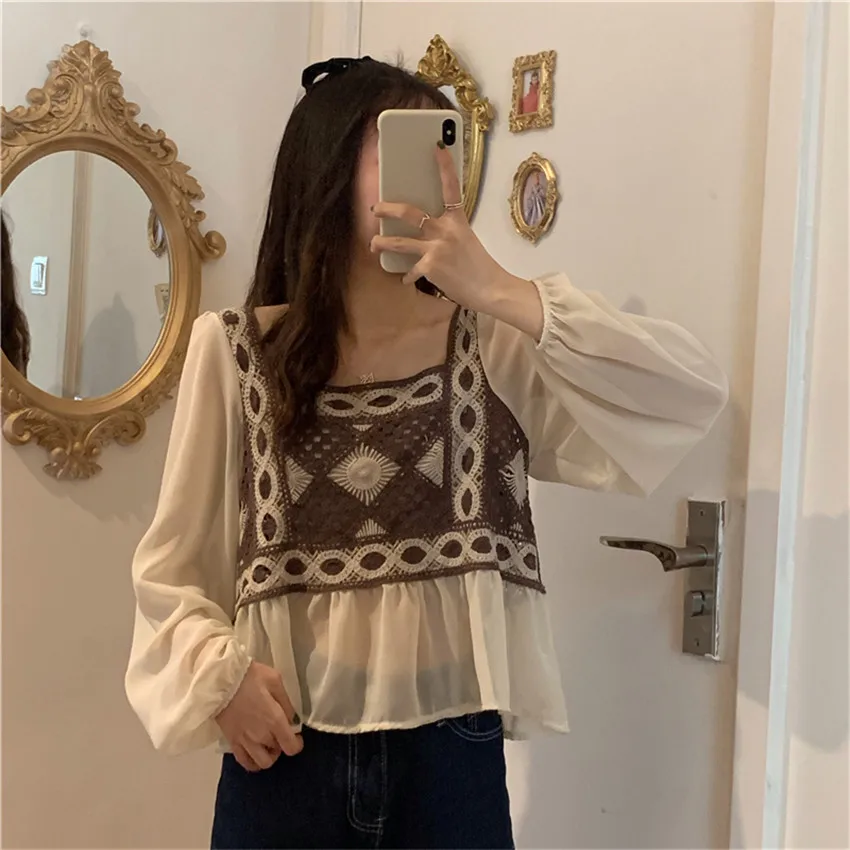 

2021 New Fashion Chic Retro Chiffon Blouse Women Puff Sleeve Elegant Blouse Sexy Crop Top Bohemain Vinatge Blusa Mujer
