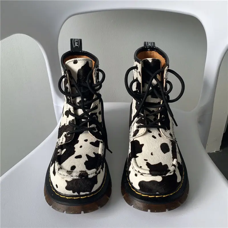 INS HOT Cow Women Boots New Comfortable High Quality Leather Black Motorcycle Boots Zipper On Both Sides Lace Up Women Shoes