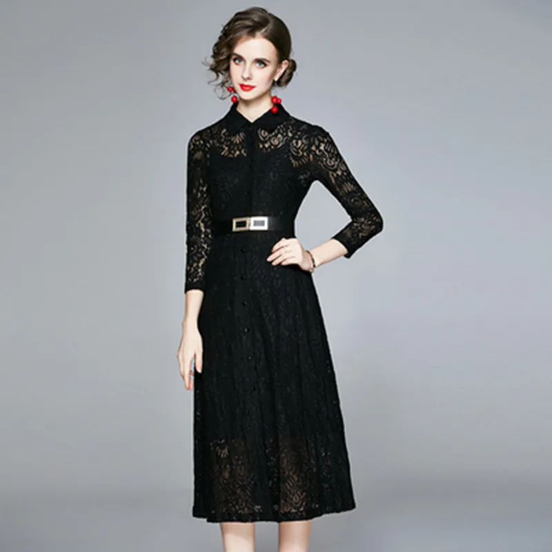 

Женское элегантное кружевное платье, Роскошное винтажное дизайнерское платье с длинными рукавами и высокой талией, повседневное банкетное...