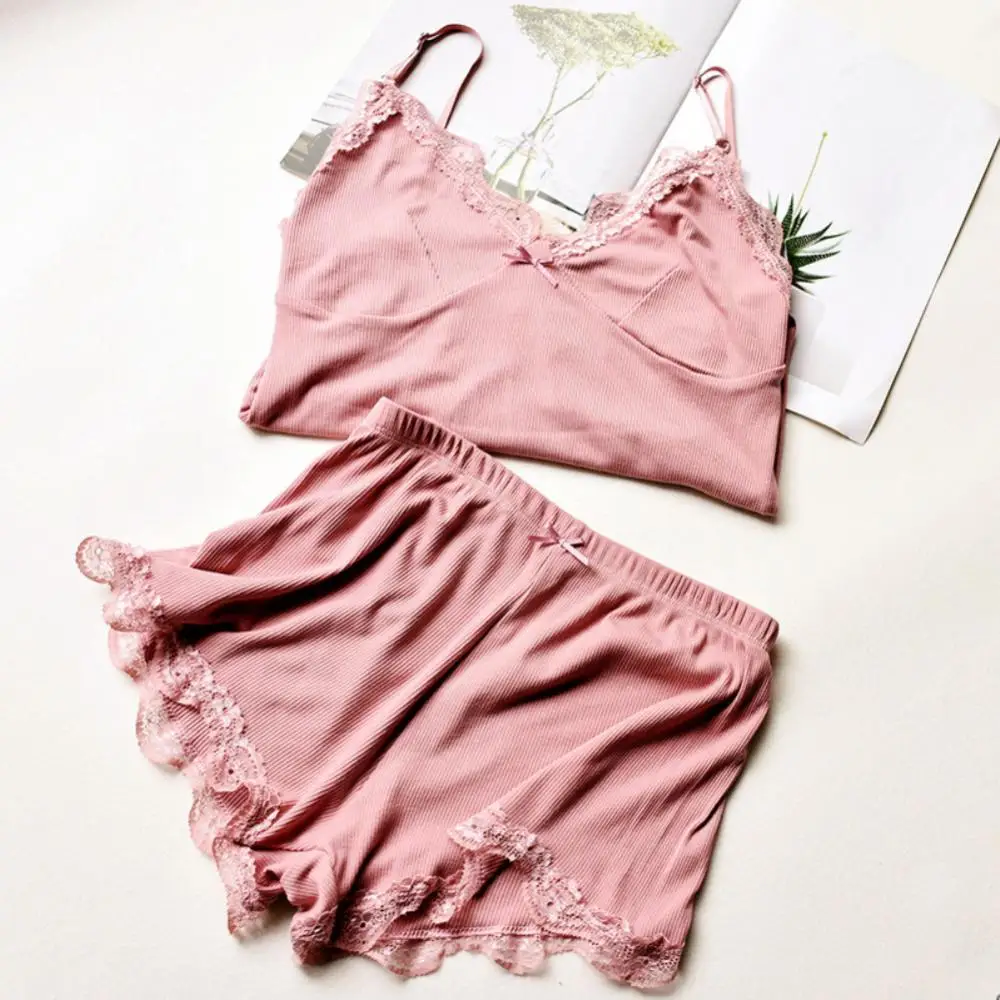 

Fashion Women Lace Splicing V Neck Camisole Top Shorts Sleepwear Pajama Set
