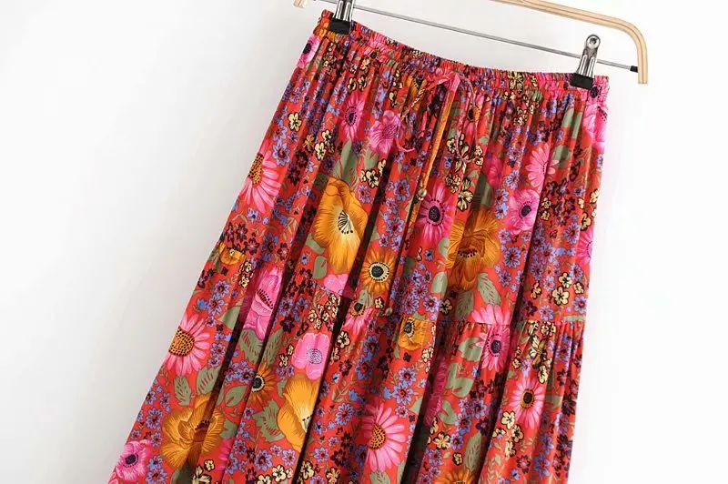 Boho королев Мода хиппи женские пляжные богемные красный цветочный принт юбка с