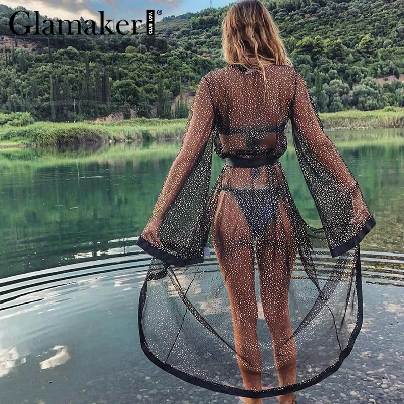Женское пляжное платье бикини Glamaker черное с длинным рукавом в горошек Пляжное