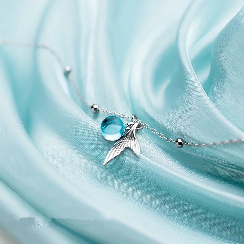 

925 Sterling Silver Blue Crystal Round Ball Mermaid Charm Bracelet & Bangle For Women Wedding Jewelry Accessories SL355