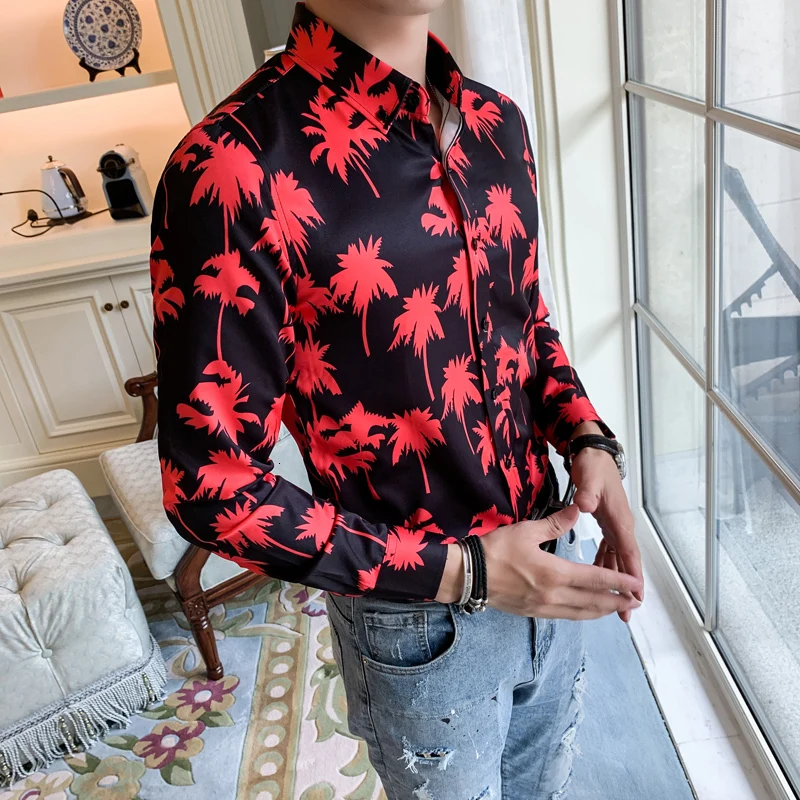 Модные деловые рубашки с принтом новинка 2019 осенние мужские цветочным