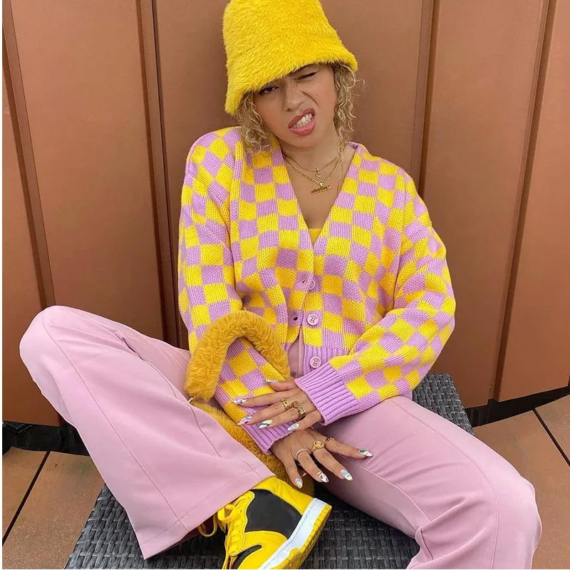 

Женский винтажный трикотажный кардиган в клетку, с V-образным вырезом