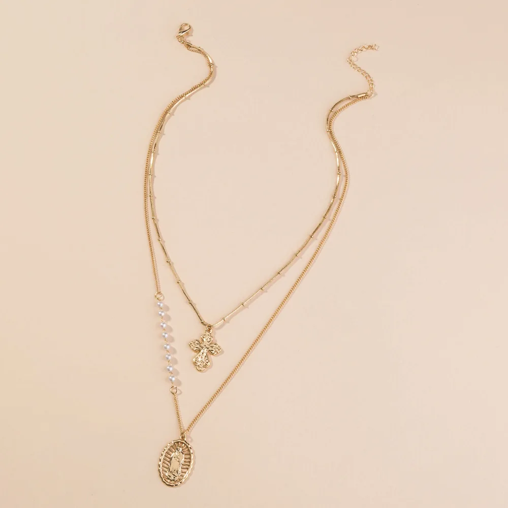

Multilayer Cross Necklace Fashion Simple Style Golden Colorful Jewelry Female Long Clavicle Chain Pearl Pendant Exquisite Gift
