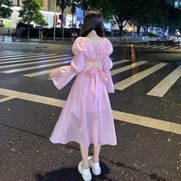 women puff sleeve dress hollow out bow quare neck maxi dress 2021 new sexy party black white pink ladies dress korean dress
