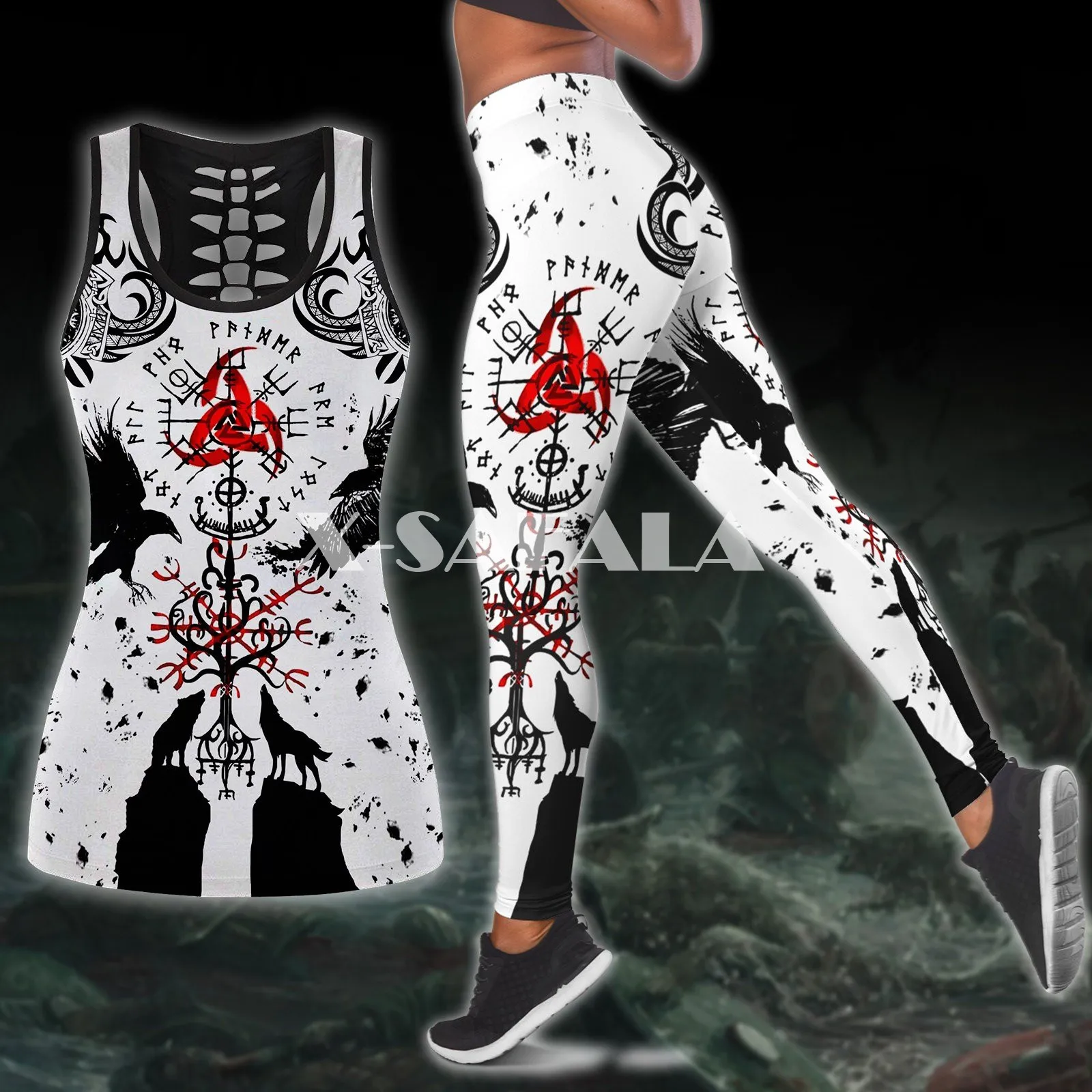 Женский комплект для йоги Vikings Odin Tattoo из двух предметов майка с 3D принтом леггинсы