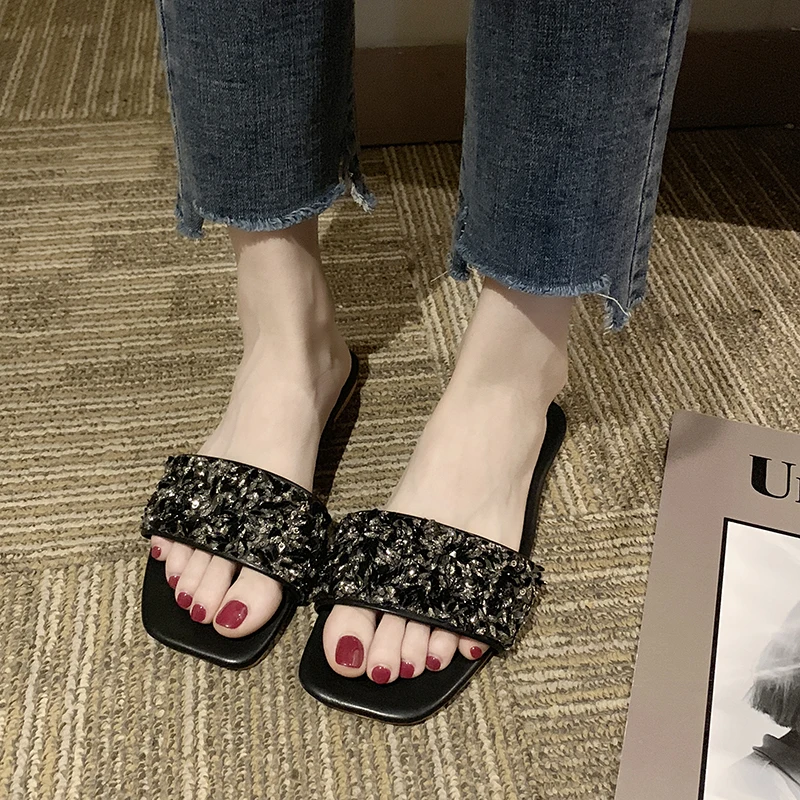 Summer Slippers Women Shoes Square Head Flat Sexy Party Loafers Beach Ladies Slides Plus Size 41-44 Zapatos Mujer 2019 | Обувь