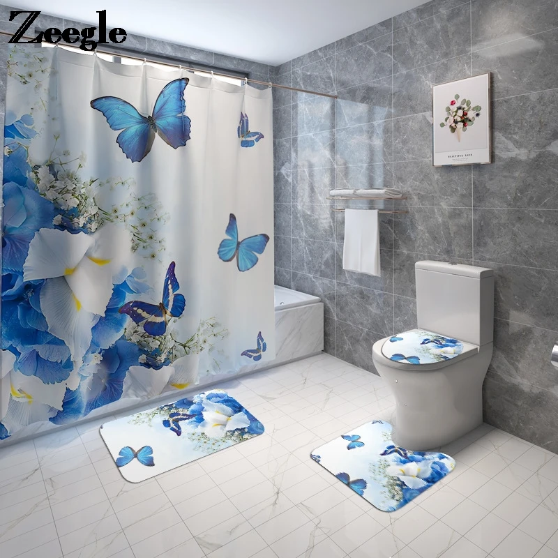 

Butterfly Printing Bath Mat Bathroom Carpet Rug Shower Curtain Set Absorbent Toilet Seat Cover Mat and Anti-slip Floor Carpet