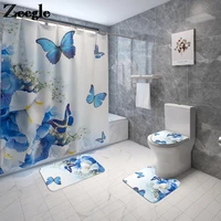 butterfly printing bath mat bathroom carpet rug shower curtain set absorbent toilet seat cover mat and anti slip floor carpet