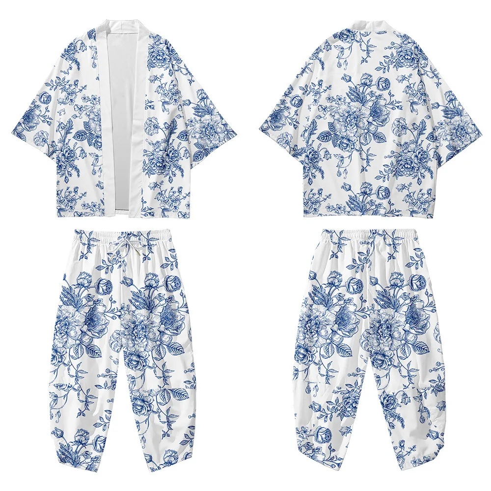 

Rose Flower Printed Japanese Casual Loose Thin Couple Men Women Kimono And Seven Points Pants Asian Clothes Harakuju Cardigan