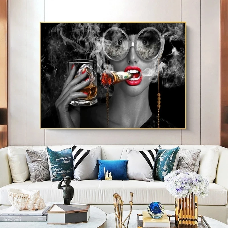 Bar Wall Decor Cool Smoking and Drinking Gril Poster Print on Canvas Fashion Makeup Woman Pictures Home Decoration No Frame | Дом и сад