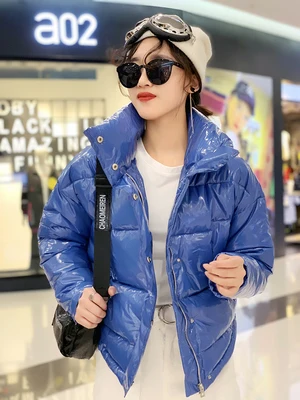 blue Модный Глянцевый Зимний пуховик из хлопка для женщин яркие черные короткие блестящие желтые/красные стеганые пальто - Цвет: blue