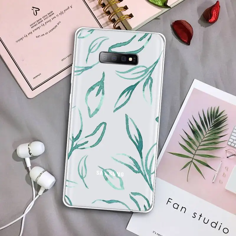 

Blue ink tree branch leaf art flower Phone Case Transparent For Samsung Galaxy S A 5 7 8 9 2015 20 edge plus 10 e lite 2019