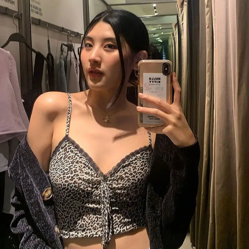 

Summer Streetwear Sexy Black Camisole Punk Chic Leopard Print Women Casual Tops