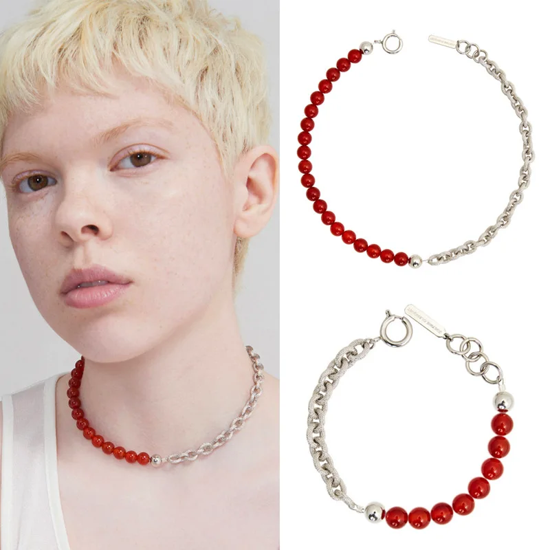 

Spring new silver chain red agate beads stitched choker short necklace bracelet set girl