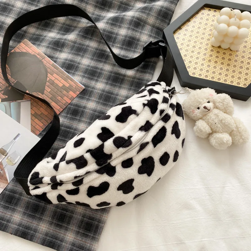 

New Fashion Chest Bag For Women Soft Plush Crossbody Bag Womens Cow Pattern Small Bag Girls Purse&Phone Bag Waist Bag Bolsa