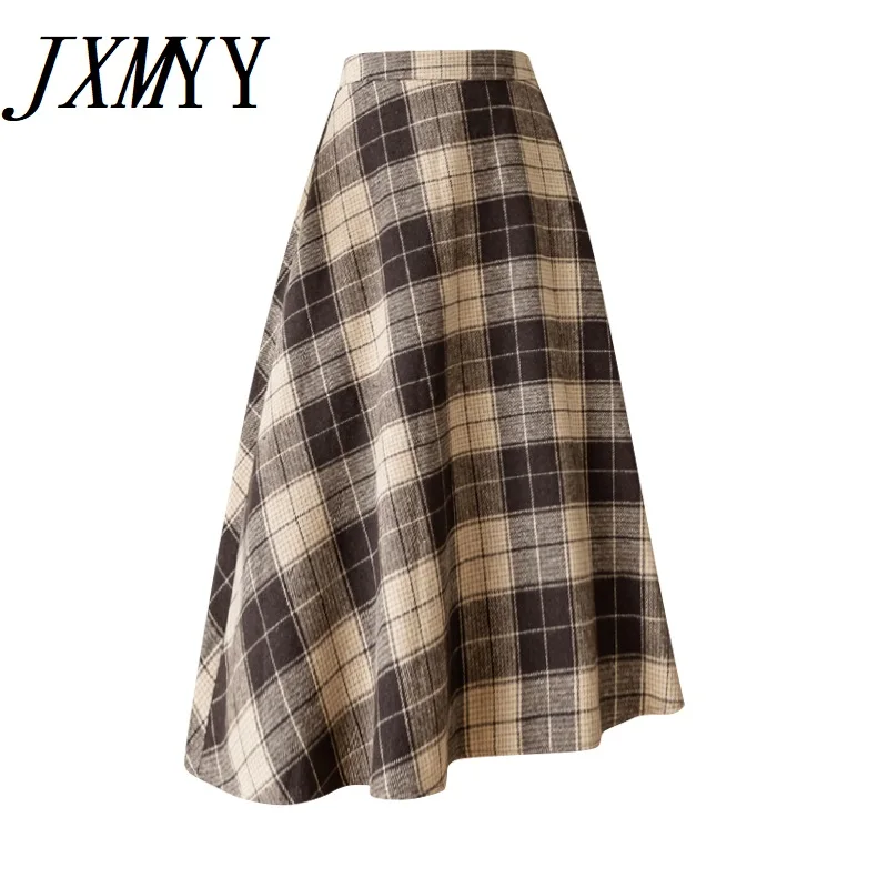 

Женская клетчатая юбка JXMYY, Осень-зима 2022, новая плиссированная юбка А-силуэта с высокой талией, шерстяная длинная юбка-зонтик средней длины