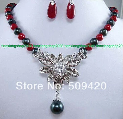 Бесплатная доставка&gt черный жемчуг красный коралл нефритовый цветок ожерелье