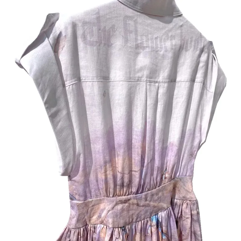 

100% Linen 2021 Style Glow-colored Print Elegant Fashion Women Mini Dress