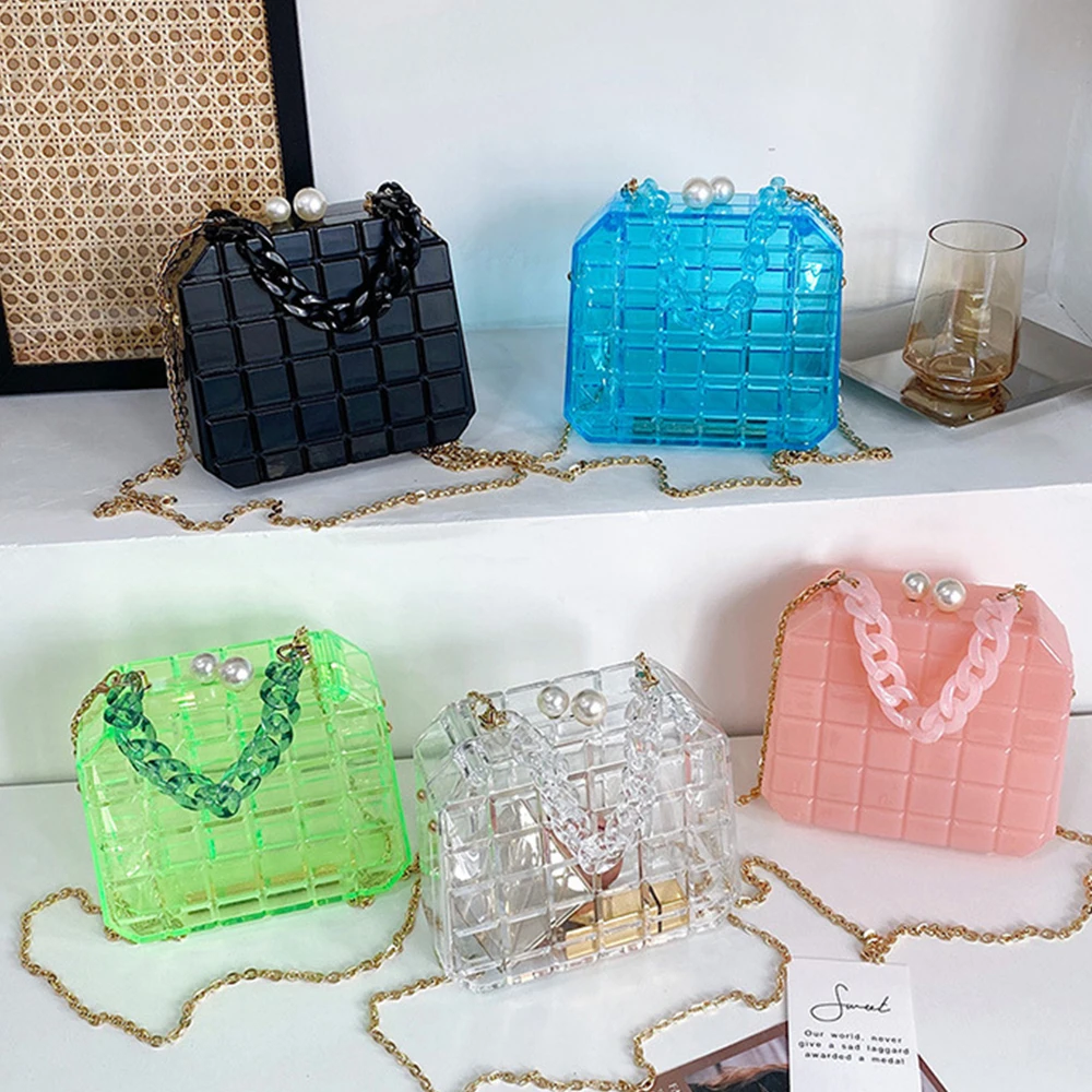 

Clear Acrylic Box Crossbody Bags for Women 2021 Candy Color Purses and Handbags Chains Shoulder Bag Plaid Pearl Party Clutch Ins