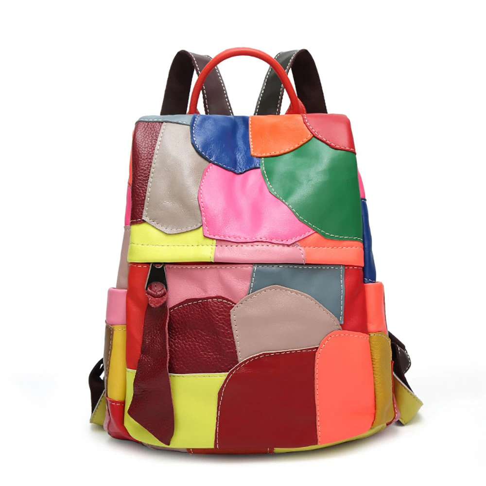 

Genuine Leather Female Backpack Patchwork Fashion Large Capacity Bagpack Bags For Women Anti Theft Back Opening Travel Backpack