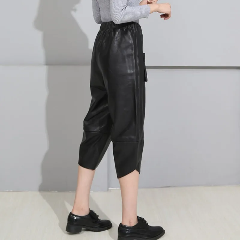 

Women High Street Mid Calf Harem Pants Elastic Waist Loose Real Sheepskin Genuine Leather Pants Fashion Hip Hop BF Style Pants