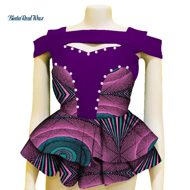 

Fashion Shirt African Print Top for Women Bazin Riche Pearls Double Ruffles Top 100% Cotton Dashiki African Clothing WY3605