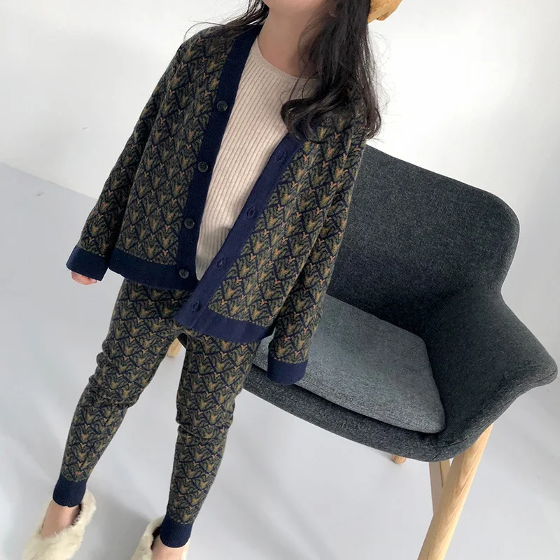 

children's sweater set for boys and girls retro jacquard sweater cardigan British wool pants AW