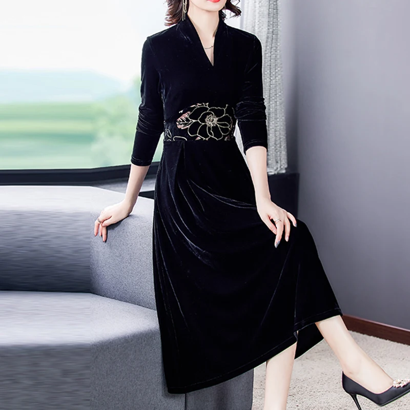 

Spring Autumn High Quality Black Gold Velvet Midi Dress Casual Vintage M-4XL Plus Size Dress Women Elegant Slim Party Vestidos